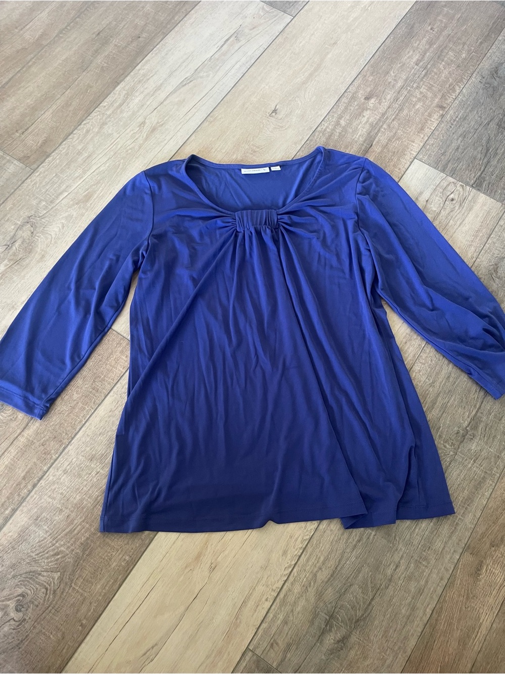 Susan Graver Liquid Knit Ruched Neck 3/4 Sleeve Top Royal Blue Medium